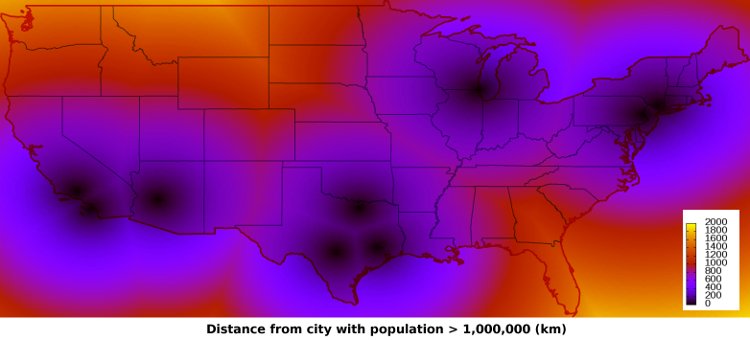 Distance to a city of 1 million people (km)